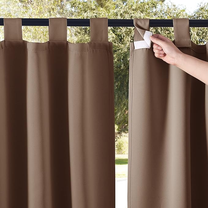 NICETOWN 2 Panels Outdoor Curtainss for Patio Waterproof Extra Wide 84" W x 84" L, Sticky Tab Top Vertical Blinds Thermal Insulated Sunlight Block Blackout Slider Drapes for Lounge/Balcony, Tan