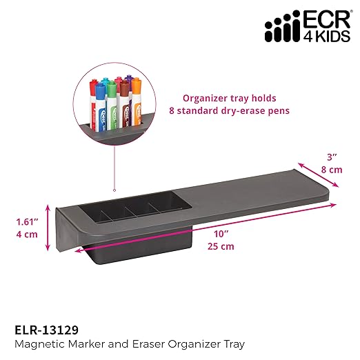 ECR4Kids 8 Slot Magnetic Dry Erase Marker Holder Caddy in Grey for Whiteboards and Glassboards