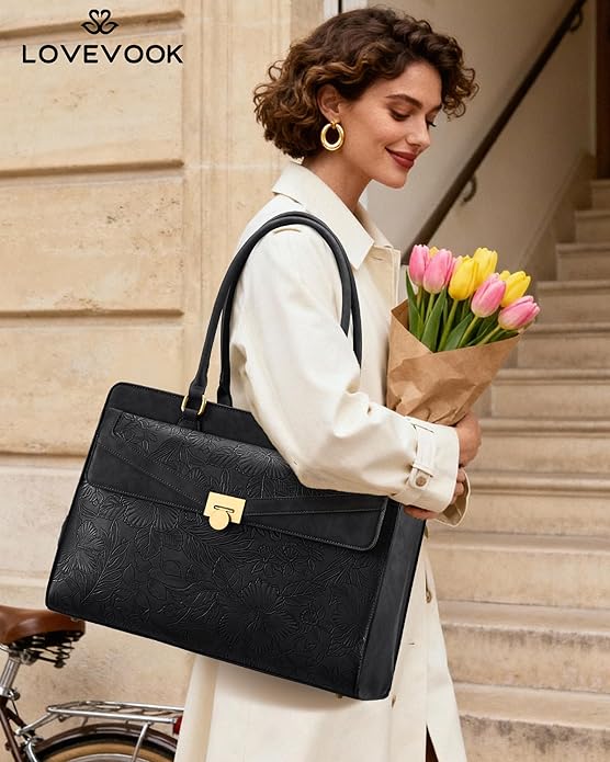 LOVEVOOK Laptop Tote Bag for Women - PU Leather Vintage Work Tote Bag,Waterproof Business Teacher Bag with Large Cup Holder