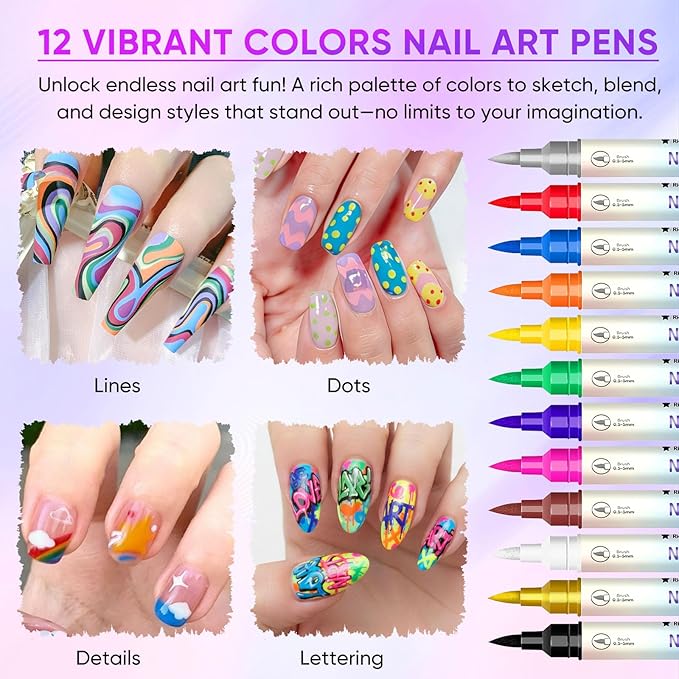 12 Colors Nail Art Pens Set, Nail Art Markers for 3D Nail Art, Nail Art Pens for Painting Nails Art Marker Drawing Painting Liner, Nail Polish Pens for DIY Nail Art Beauty Adorn Manicure Tools