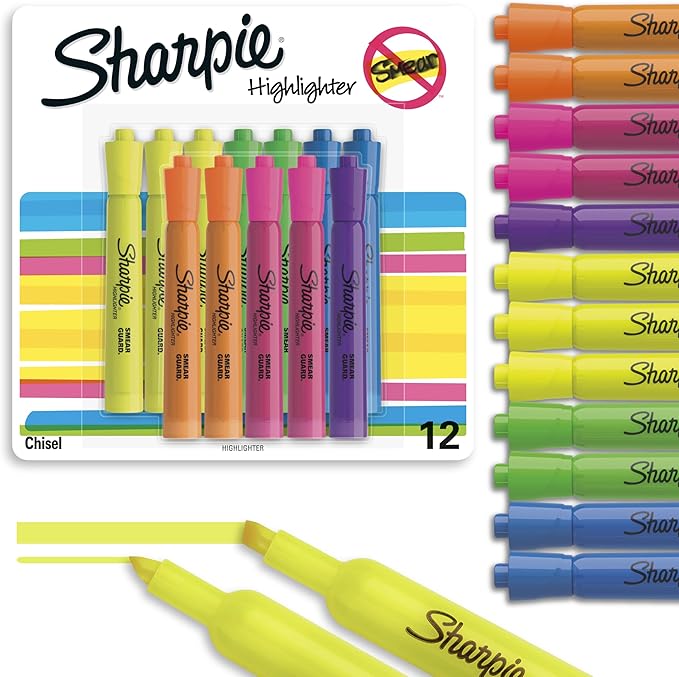 Sharpie Tank Highlighters, Chisel Tip, Assorted Fluorescent, Six Assorted Colors, 12 Count - Back to School, Office, Teacher Supplies