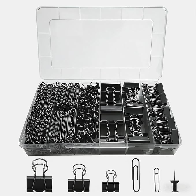 282 Pcs Black Office Clips Set Binder Clips and Paper Clips Push Pin Colored Assorted Sizes Small Medium Large for Home School Office Supplies