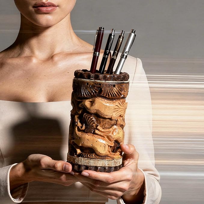 Craft Trade Hand Carved Wood Pen Holder for Desk Organizer for Home School Office Supplies Pencil Cup Pot Storage Box Suitable for Stationery - Wooden
