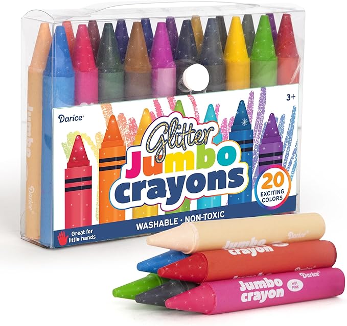 Darice Jumbo Glitter Crayons for Toddlers, 20 Colors Large Crayons for Kids, Washable, Non-Toxic Giant Crayon for Kid and Toddler Coloring Classroom Back to School Supplies