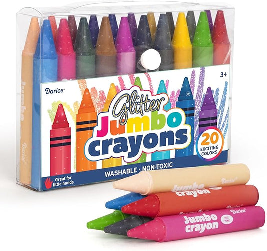 Darice Jumbo Glitter Crayons for Toddlers, 20 Colors Large Crayons for Kids, Washable, Non-Toxic Giant Crayon for Kid and Toddler Coloring Classroom Back to School Supplies