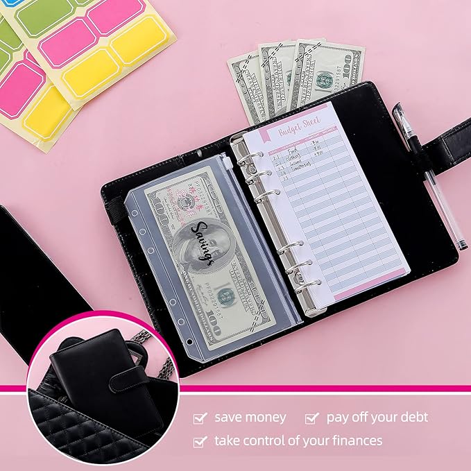 NICOOTHBudget Binder Cash Envelopes A6 Money Saving Binder with Zipper envelopes (Black)