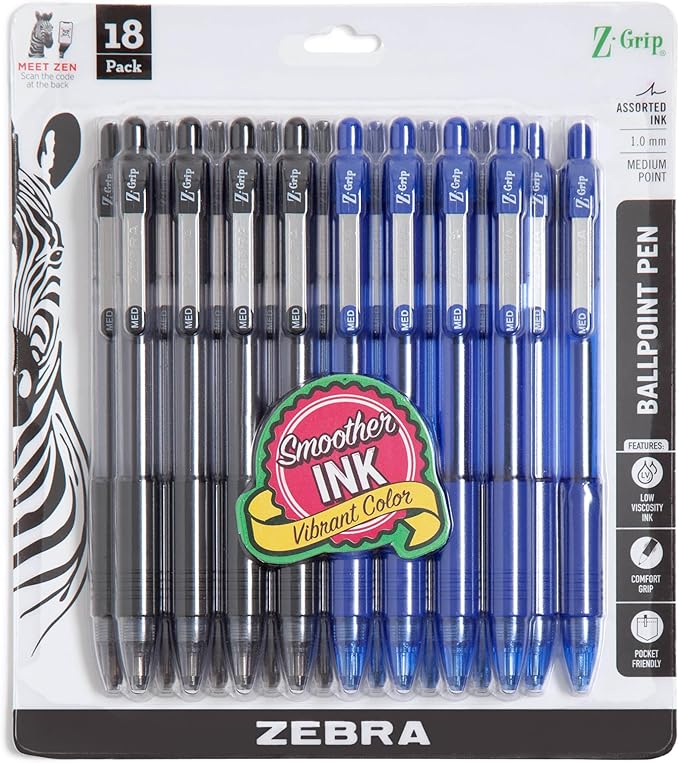 Zebra Pen Z-Grip Retractable Ballpoint Pen, Smooth-Flowing Black and Blue Ink, 1.0mm Medium Point, School & Office Supplies, Ideal for Note-Taking, Journal and Planner Use, 18-Pack (22018amz)