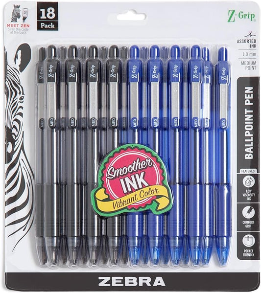 Zebra Pen Z-Grip Retractable Ballpoint Pen, Smooth-Flowing Black and Blue Ink, 1.0mm Medium Point, School & Office Supplies, Ideal for Note-Taking, Journal and Planner Use, 18-Pack (22018amz)