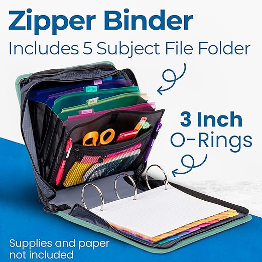 Case-it Mighty Zip Tab School Zipper Binder | 3-Inch O-Rings, 600-Sheet Capacity, 5-Subject Expanding File Folder, Multiple Pockets & Storage Organizer, Shoulder Strap | D-146 Northern Lights