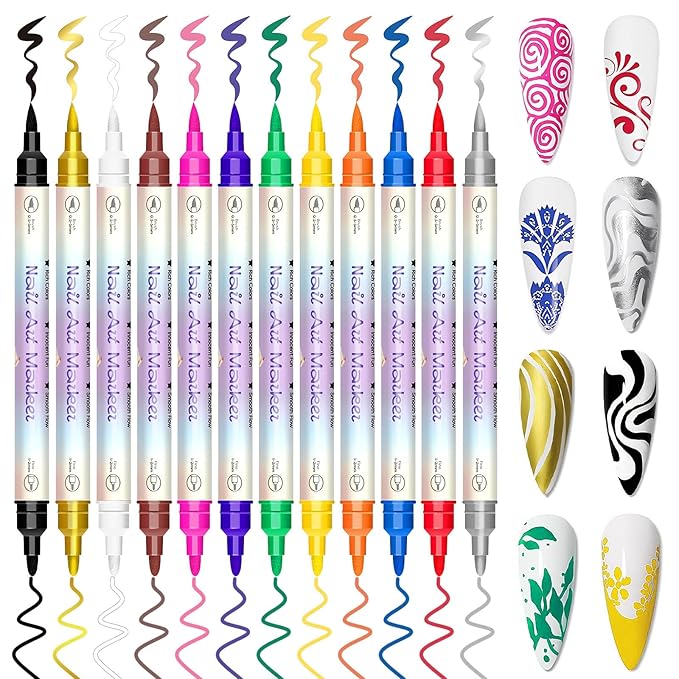 12 Colors Nail Art Pens Set, Nail Art Markers for 3D Nail Art, Nail Art Pens for Painting Nails Art Marker Drawing Painting Liner, Nail Polish Pens for DIY Nail Art Beauty Adorn Manicure Tools