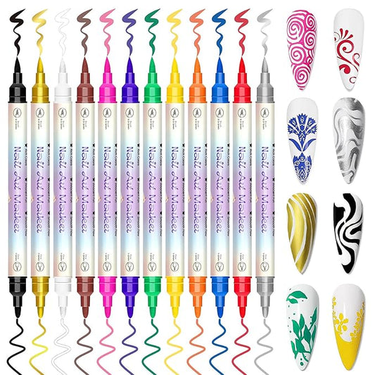 12 Colors Nail Art Pens Set, Nail Art Markers for 3D Nail Art, Nail Art Pens for Painting Nails Art Marker Drawing Painting Liner, Nail Polish Pens for DIY Nail Art Beauty Adorn Manicure Tools