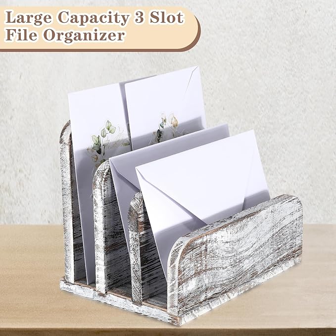 Wooden Mail Holder 3 Slots Mail Organizer for Desk Wood File Paper Letter Sorter for Letter Envelope Filing Cell Phone Document Storage, Organizer Tray for Office and Home (Old White)