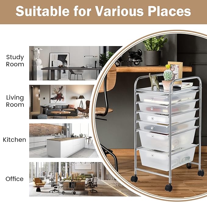 COSTWAY 6-Drawer Rolling Storage Cart, Multifunctional Art Craft Tools Organizer on Wheels, Heavy Duty Utility Mobile Storage Trolley w/ 2 Lockable Wheels for Home Office School (Clear)