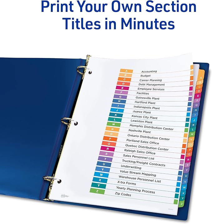 Avery A-Z Dividers for 3 Ring Binders, 26 Tabs per Set, Customizable Table of Contents, Multicolor Tabs, Great for Organizing Reports, Projects, and More (6 Sets of 11832)