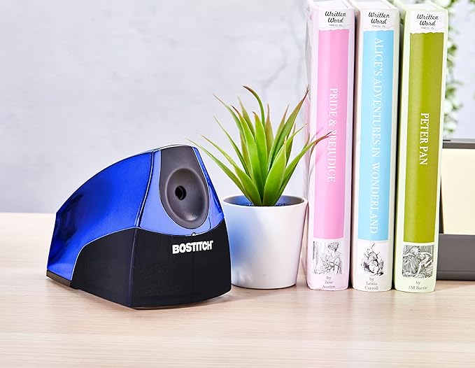 Bostitch Office Electric Pencil Sharpener, Heavy Duty Powerful Stall-Free Motor, High Capacity Shavings Tray, for Office or Classroom, Blue Chrome Metallic