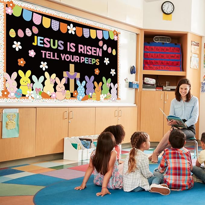 Easter Peeps Bulletin Board Decorations Set 75Pcs Jesus is Risen Cross Christian Easter Classroom Decor with Border Candy Bunny Peeps Eggs Cutout for Chalkboard Wall Door Religious Church Home Office