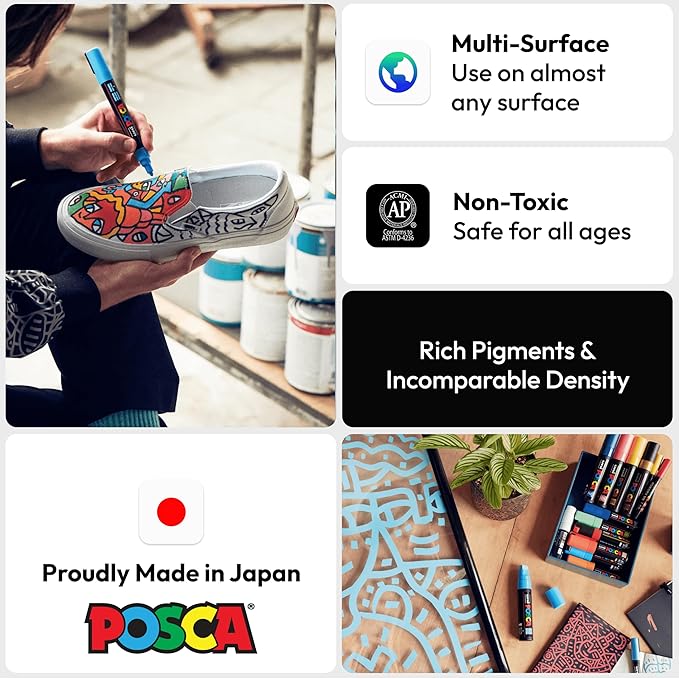 Posca Drawing and Sketching Kit - Primary Color Posca Marker Set of 5 with 5M Medium Tips + 3 Count Uni Pin 0.5mm Fineliners + 3 Count Uni Chroma Mechanical Pencils