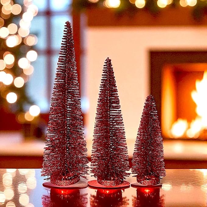 RAZ Imports Set of 3 Bottle Brush Trees – 17”, 14”, 9” Modern Christmas Holiday Winter Décor – Glittery Tabletop Mini Trees for Home Office Shelf Desk Mantel Fireplace Decoration (Red Glittered)