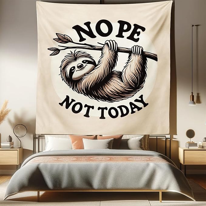 Ambesonne Funny Tapestry Queen Size, Nope Not Today Saying with a Happy Sloth Hanging Down from a Branch, Wall Hanging Bedspread Bed Cover Wall Decor, 88" X 88", Eggshell Pale Brown Black