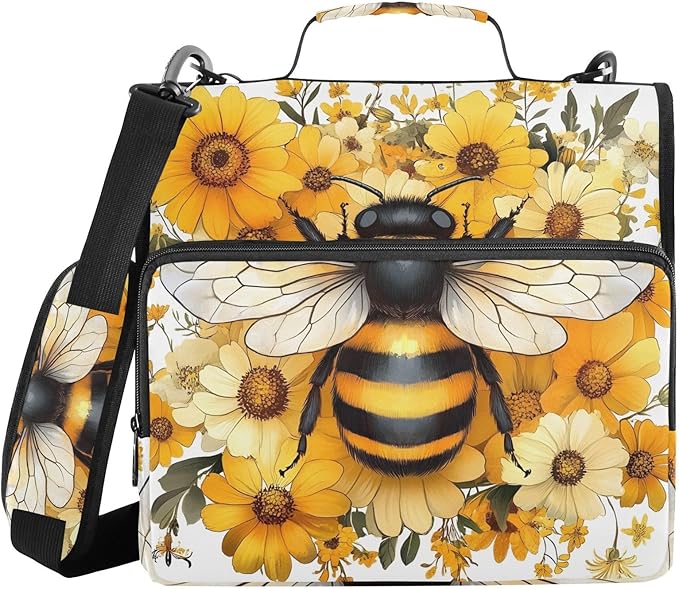 3 Ring Zipper Binder with Shoulder Strap Yellow Daisy Bee Bumblebees 1.5 inch Binders Keeper Large Capacity Multi Pockets for School Office Supplies