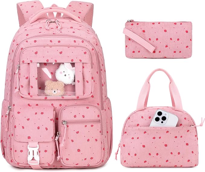 Corduroy Backpack 3PCS Kids Backpack for Girls School Bags for Middle School Students Book Bag for Elementary Primary Kawaii Ita Backpack with Lunch Box Pencil Case Set, Pink Strawberry