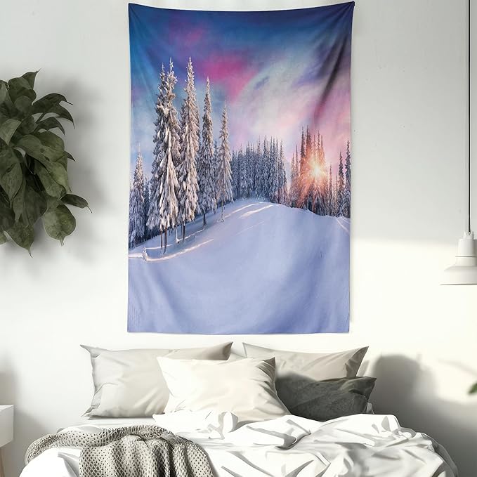 Ambesonne Winter Tapestry Queen Size, Idyllic Panorama of Winter Sunrise in Snow Covered Mountains Serenity Freshness, Wall Hanging Bedspread Bed Cover Wall Decor, 88" X 88", Pastel Lavender