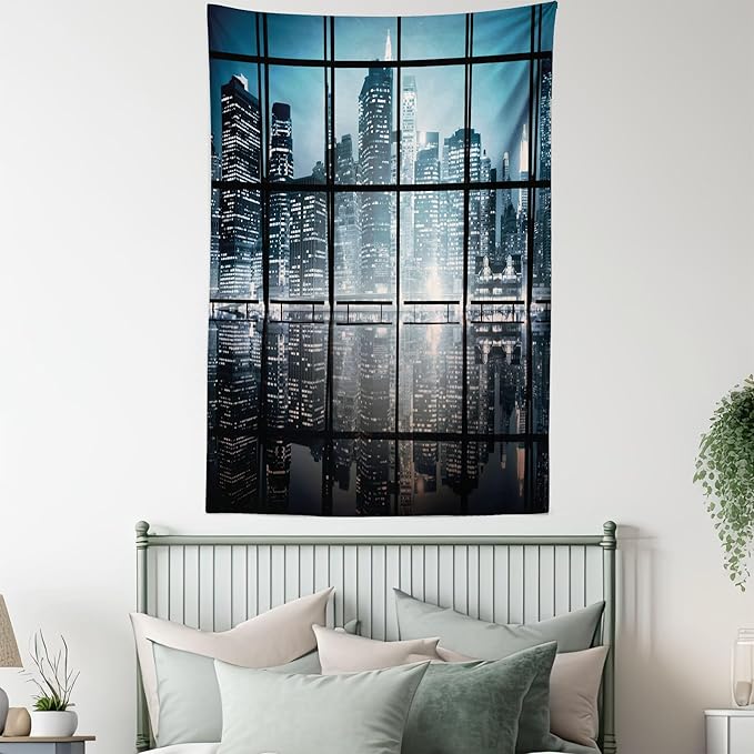 Ambesonne Modern Tapestry Queen Size, Modern New York City Scenery at Night with Skyscrapers Buildings Print, Wall Hanging Bedspread Bed Cover Wall Decor, 88" X 88", Black Blue