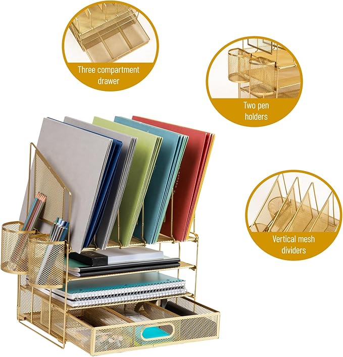 Office Depot® Brand Mesh Desk Organizer With Vertical Storage And Pen Holders, 16" H x 12-3/4"W x 9-1/2"D, Gold