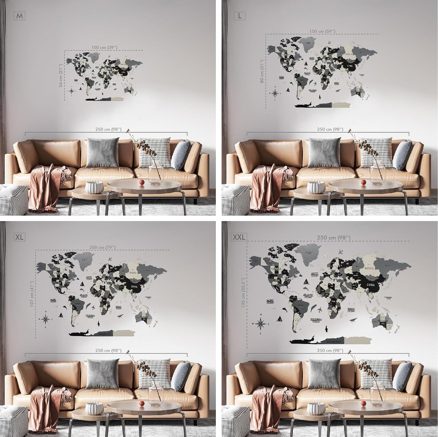 Colorfull Worlds 3D Wooden World Map Wall Art | Unique Wall Decor with Pins for Travel Enthusiasts | Home and Office Wall Décor | Grey | XXLarge