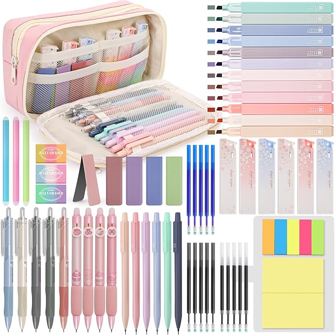 61 PCS Aesthetic School Supplies with Cute Pencil Case, Pastel No Bleed Highlighters, Gel & Erasable Pens, Mechanical Pencils, Refills, Complete Essentials Stationery Kit for Students (Pink)