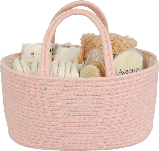 Diaper Caddy Organizer Cotton Rope Baby Basket Nursery Storage and Portable Tote Bag for Car Ideal Baby Shower Gifts and Registry Must-Have for Newborn Essentials coral pink