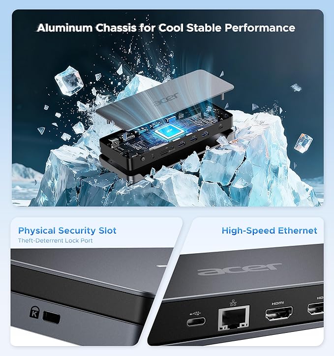 Acer Premium 13-in-1 Docking Station with 110W PD & Triple Monitor Support | Dual 4K HDMI and DP,5Gbps USB A/C,Gigabit Ethernet,Security Lock | Laptop Docking Station for Windows/Dell/HP/Lenovo/Asus