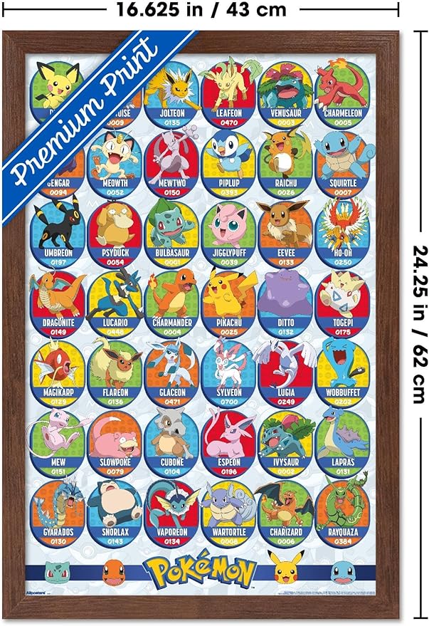 Pokémon: All-Time Favorites - Grid Wall Poster, 22.4L" x 14.7W", Mahogany Framed Version