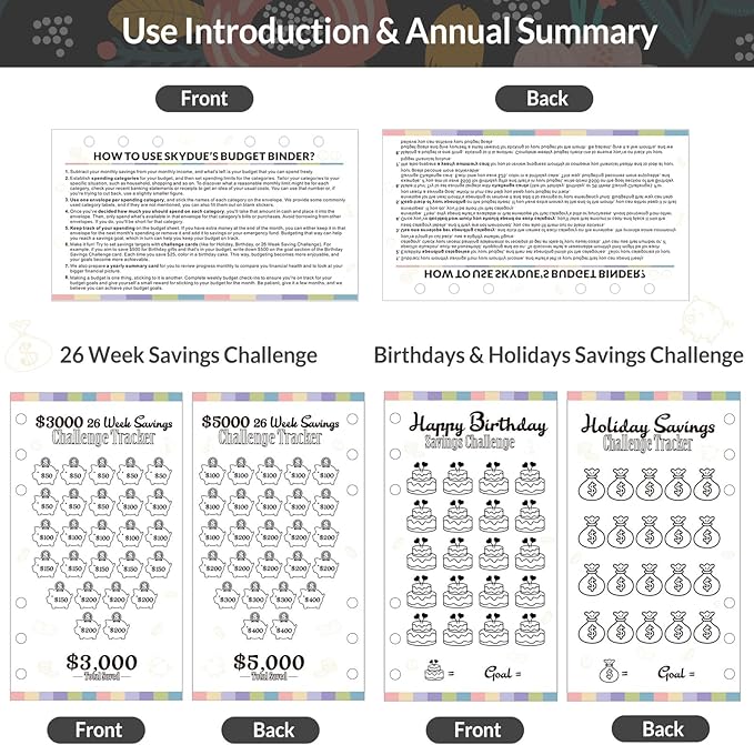 SKYDUE Budget Binder with 8Pcs Cash Envelopes, 12Pcs Expense Budget Sheets, 2Pcs Challenge Trackers, and Category Labels - Budget Binder & Challenges Book Combo for Saving Money