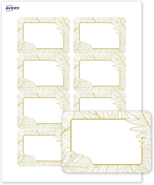 Avery Printable Rectangle Adhesive Name Badges, Pre-Printed Gold Florals, Matte White, 2-1/3" x 3-3/8", Laser & Inkjet Compatible, 80 Total, Great for Branding, Marketing, and Events