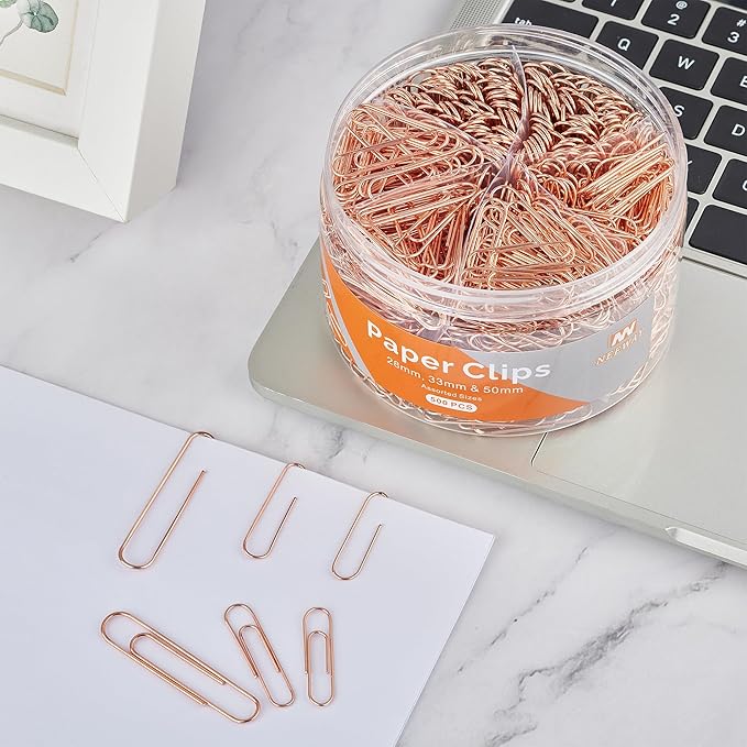 NEEWAY 500pcs Rose Gold Paper Clips Assorted Sizes Small, Medium and Large Paperclips for Paperwork Ideal for Home, School and Office Use