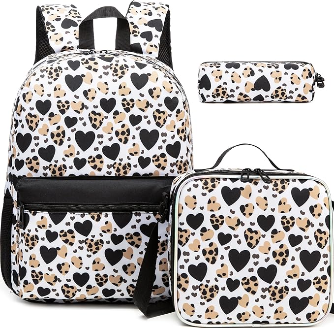 Girls Backpack for School Backpack for Girls 8-10 Kids Backpacks with Lunch Box Leopard Print Schoolbag for Kids