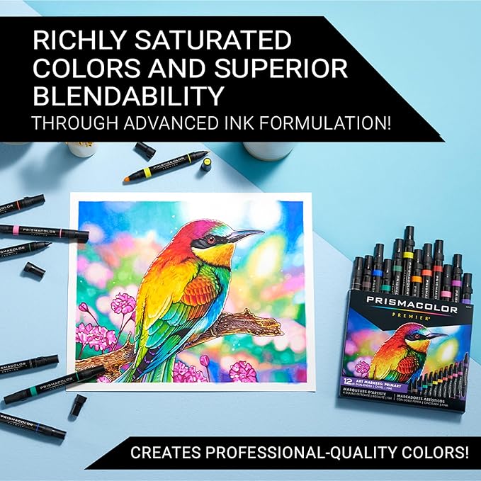 Prismacolor Premier Dual-Ended Art Markers, Chisel and Fine Tips, Primary Colors, 12 Count - Art Supplies, Alcohol-Based Ink, Coloring, Creative, Artist, Adult Coloring