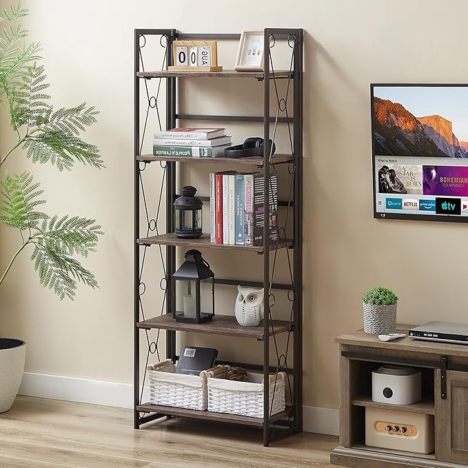 VECELO Folding Bookshelf, 5 Shelf Bookcase No Assembly, Industrial Metal Frame Shelves Rack Organizer for Living Room, Office,Walnut 1 Set