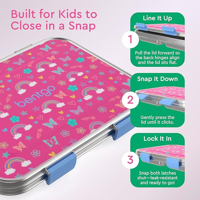 Bentgo Kids Stainless Steel Prints Leak-Resistant Lunch Box - 3-Compartments with Silicone Container, Durable, Eco-Friendly, Dishwasher Safe, BPA-Free, for School, Ages 3+ (Rainbows & Butterflies)