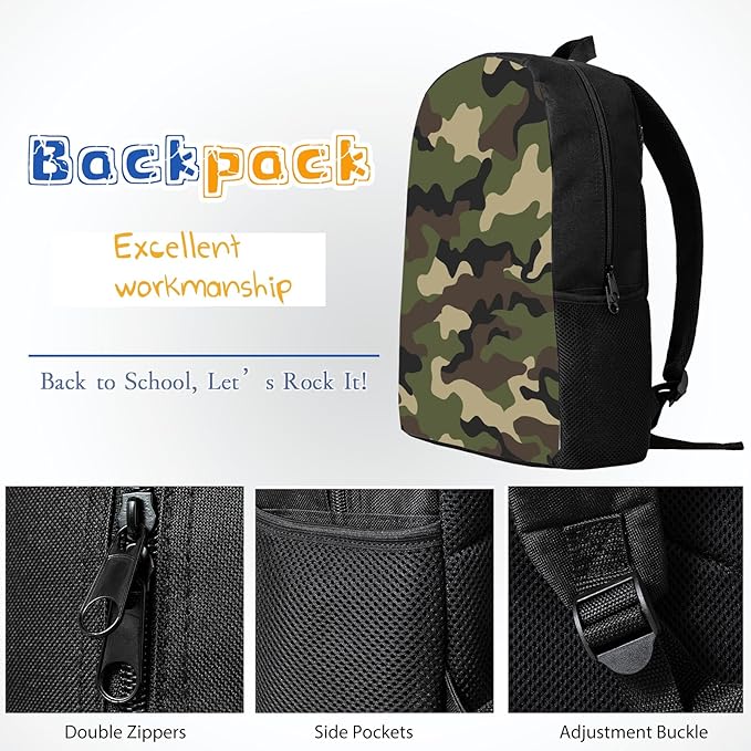 3PCS Camo Backpack Set for Boys, Lightweight Large Backpack with Lunch Box & Pencil Case, Camouflage Bookbag for Kids, Back to School Backpacks for Elementary & Middle School