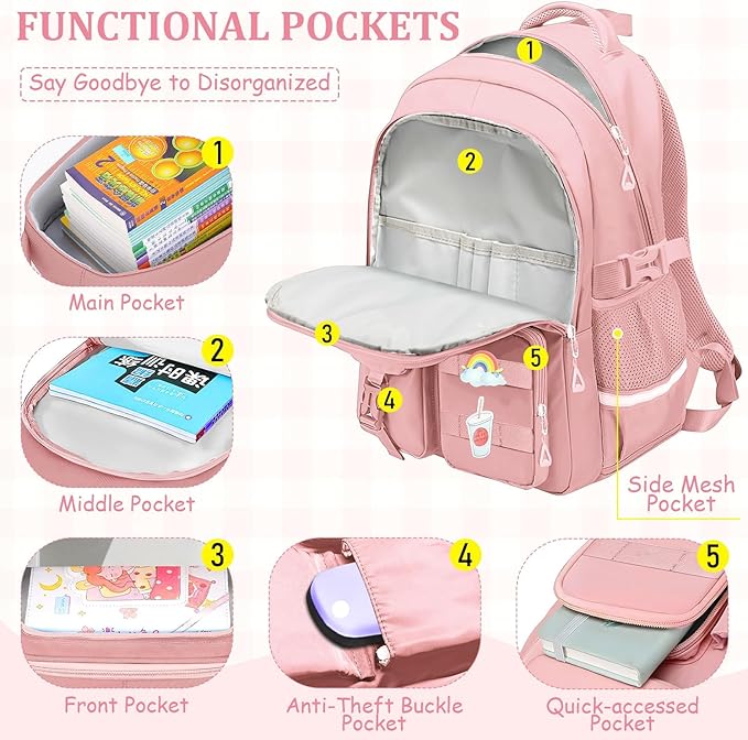 School Backpack for Girls - 5pcs Cute Girls Backpack with Lunch Box for Teens Kids Elementary Middle School - 17″ Students Bookbag Travel Back Pack for Age 6-18