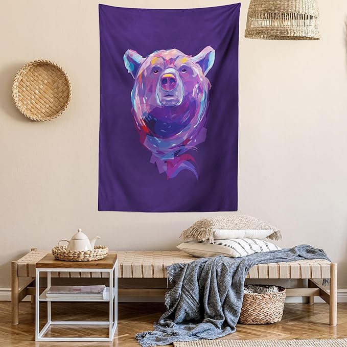 Ambesonne Bear Tapestry, Abstract Portrait with Digital Brushstrokes Wildlife Mascot Display, Wall Hanging for Bedroom Living Room Dorm Decor, 40" X 60", Purple Pink Sky Blue