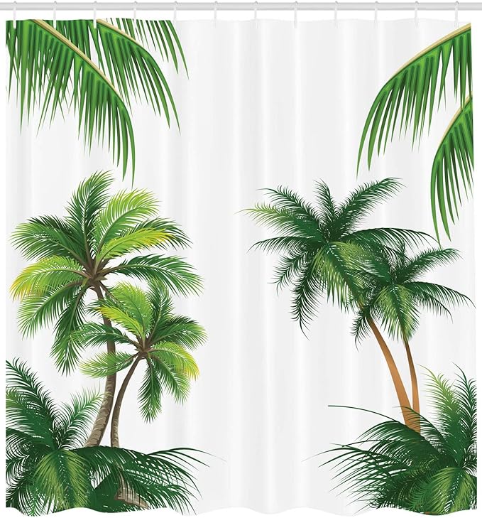 Ambesonne Tropical Shower Curtain, Coconut Palm Tree Nature Paradise Plants Foliage Leaves Digital Illustration, Cloth Fabric Bathroom Decor Set with Hooks, 69" W x 70" L, Hunter Green