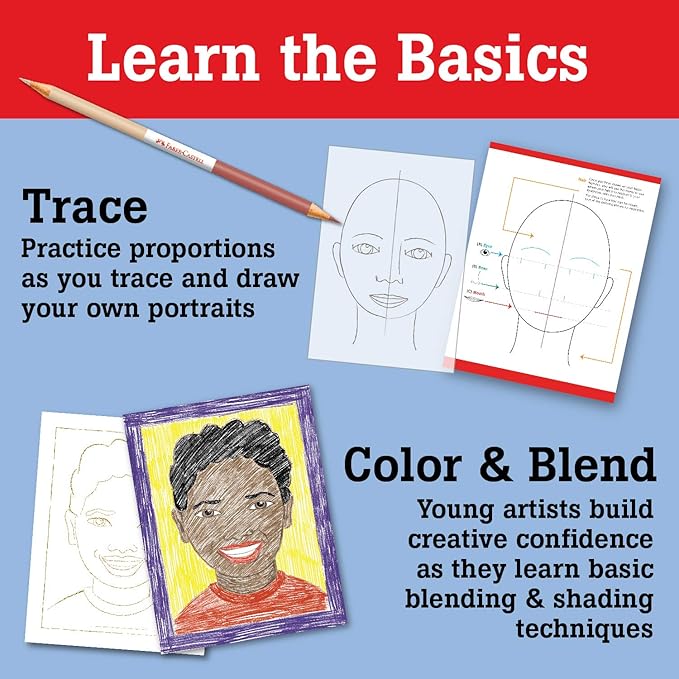 Faber-Castell World Colors How to Draw Faces Kit - Learn to Draw Portraits for Beginners - 40 Piece Skin Tone Coloring Pencils and Paper Art Set