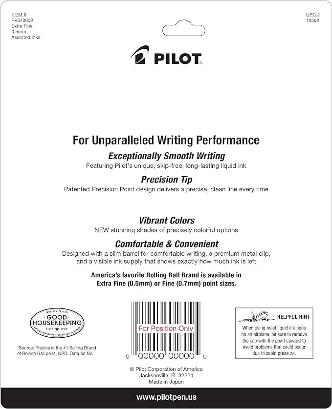 Pilot Precise V5 Capped Liquid Ink Rollerball Pens, Extra Fine Point Ink Pens 0.5 mm, Colored, Assorted Colors, Pack of 10 - Ideal for School, Journaling, & Office Writing