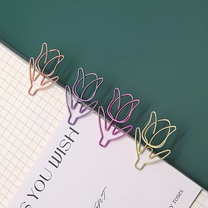 40 Pcs Metal Flower Paper Clips Set, Cute Large Decorative Paperclips for File Organization, School, Home Office and Wedding Decor 4 Colors(TULIPFLOWER)