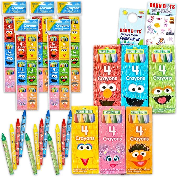 Bulk Sesame Street Crayon Party Favors 30 Individually Wrapped Packs for Kids - Bundle with 100+ Crayons Featuring Elmo, Big Bird, Cookie Monster Plus Stickers, More | Sesame Street Goodie Bag Fillers