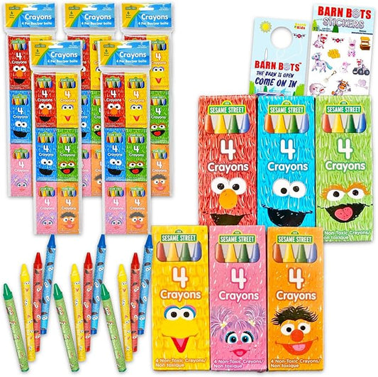 Bulk Sesame Street Crayon Party Favors 30 Individually Wrapped Packs for Kids - Bundle with 100+ Crayons Featuring Elmo, Big Bird, Cookie Monster Plus Stickers, More | Sesame Street Goodie Bag Fillers