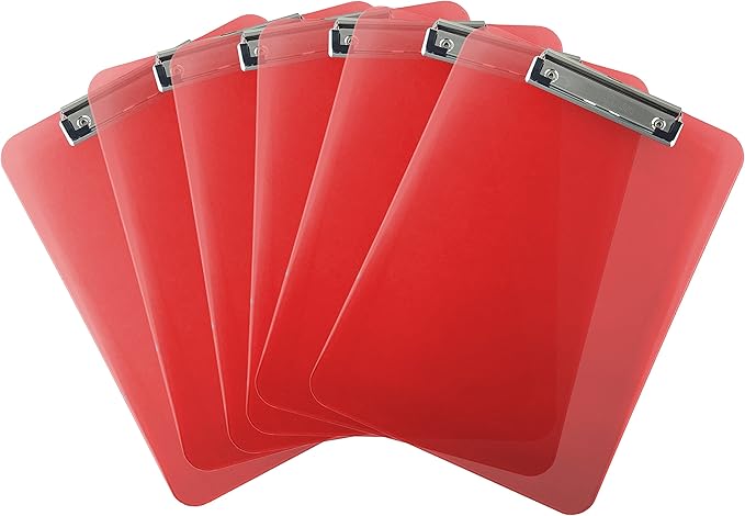 Trade Quest Plastic Clipboard Transparent Color Letter Size Low Profile Clip (Pack of 6) (Red)